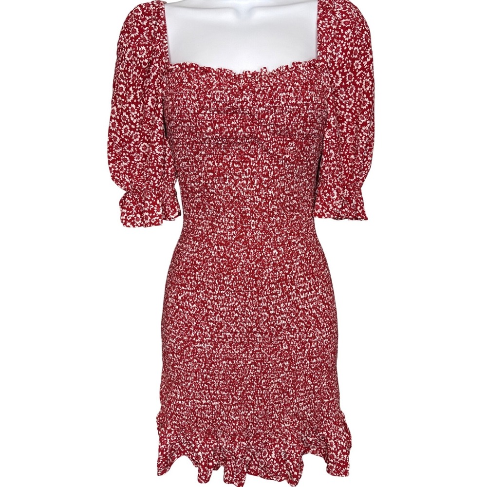 AUGUSTE Red Floral Smocked Puff Sleeve Mini Dress 2 Boho Beach Party Romantic